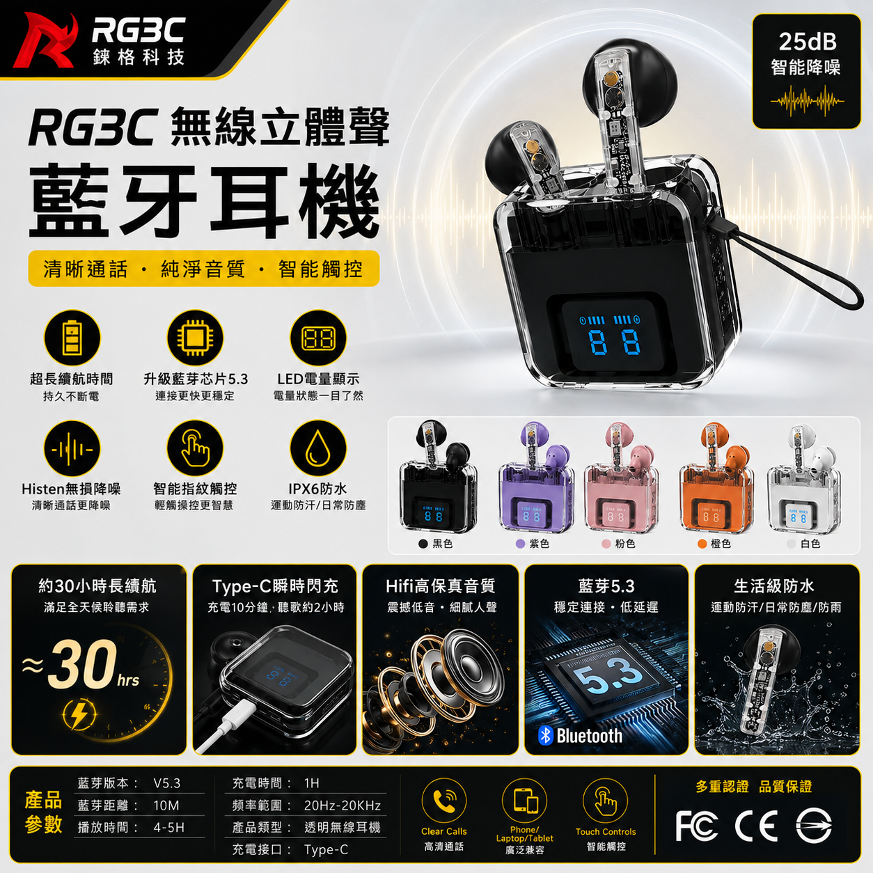 RG3C 透明感無線藍牙耳機 D35 長續航/大容量/時尚設計/攜帶方便